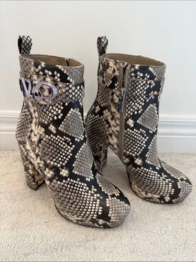 Michael Kors Snake-Print Ankle Boots in Black and Cream, Size 6.
